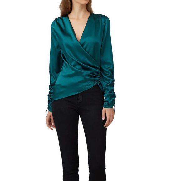 Jonathan Simkhai Green silk wrap asymetrical blouse EUC Size large - Picture 2 of 14